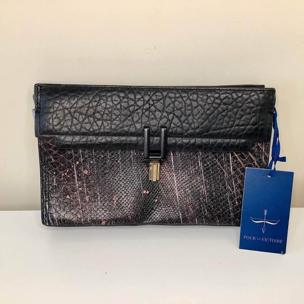 NWT Pour la Victoire Textured Leather Clutch Box Bag Abstract Print Black Grey
